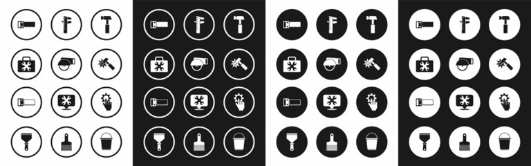 Set Hammer, Electric circular saw, Toolbox, Hand, Calliper or caliper scale, Settings in the hand and icon. Vector