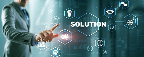 Solution. Businessman pressing on touch screen interface inscription Solutions. Business concept. Internet concept