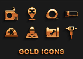 Set Builder, Hand saw, Construction jackhammer, Graphing paper wrench, Worker safety helmet, Roulette construction, Paint bucket brush and Location with icon. Vector