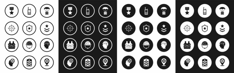 Set Airdrop box, Military reward medal, Target sport, rank, Walkie talkie, Army soldier and Bulletproof vest icon. Vector