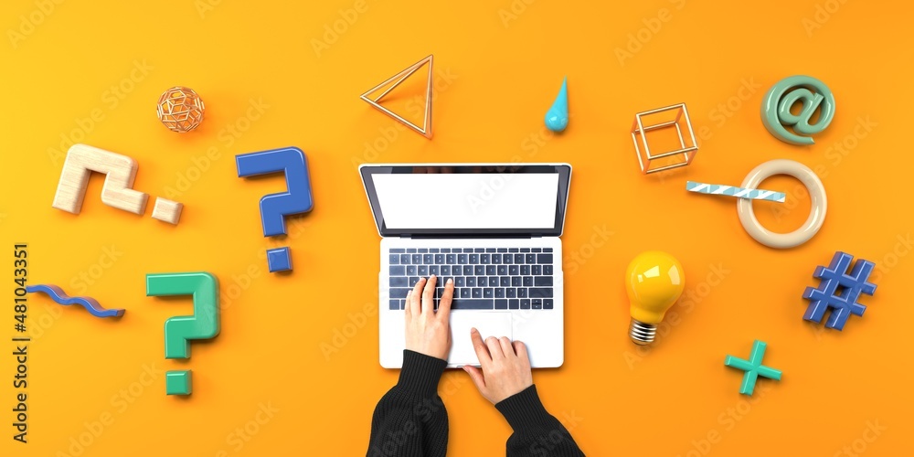 Poster question marks and geometric shapes with person using a laptop computer from above