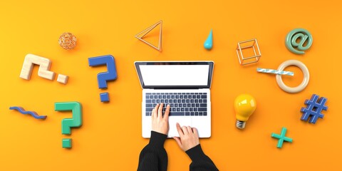 Question marks and geometric shapes with person using a laptop computer from above
