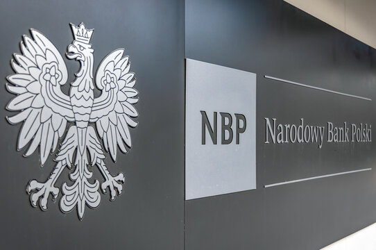 Warsaw, Poland - August 28, 2021: Sign on a main building of National Bank of Poland - NBP in Warsaw city