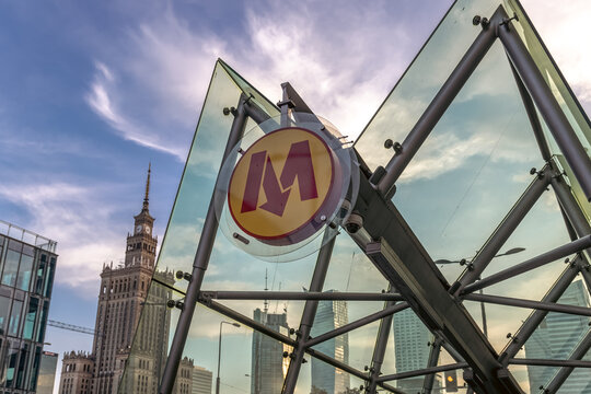 Warsaw, Poland - August 28, 2021: Warsaw metro sign at the entrance to Swietokrzyska station in Warsaw city