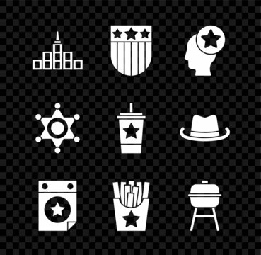 Set City landscape, Shield with stars, USA Head, Calendar date July 4, Potatoes french fries in box, Barbecue grill, Hexagram sheriff and Paper glass straw icon. Vector