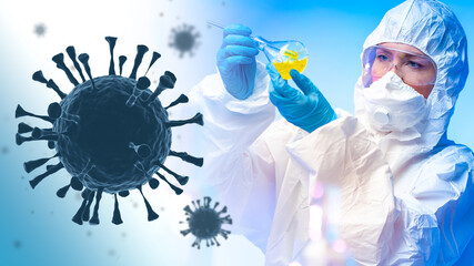 Covid-19 virus research. Molecule of coronavirus near biologist. Scientist with test tube is...