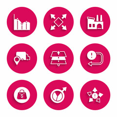 Set Layers, Financial growth, Many ways directional arrow, Arrow, Shopping bag with Sale, Delivery tracking, Factory and Pie chart infographic icon. Vector