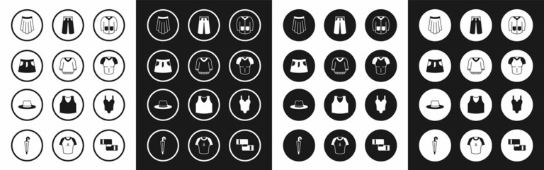 Set Sweater, Skirt, T-shirt, Pants, Swimsuit and Man hat icon. Vector