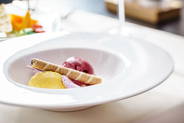 fruit ice cream with waffle