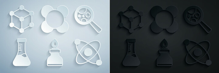 Set Alcohol or spirit burner, Microorganisms under magnifier, Test tube, Atom, Molecule and icon. Vector