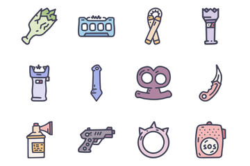 Self defense color vector doodle simple icon set