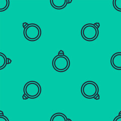 Blue line Diamond engagement ring icon isolated seamless pattern on green background. Vector