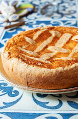 Italian ricotta pie with raisins. Popular Easter festive baking. Close up.