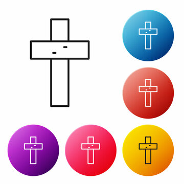 Black line Christian cross icon isolated on white background. Church cross. Set icons colorful circle buttons. Vector