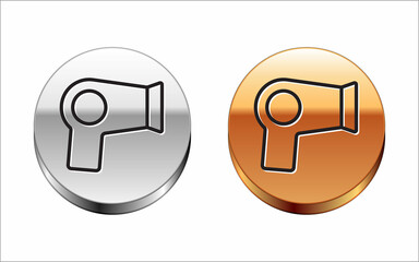 Black line Hair dryer icon isolated on white background. Hairdryer sign. Hair drying symbol. Blowing hot air. Silver-gold circle button. Vector