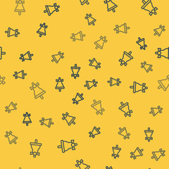 Blue line Merry Christmas ringing bell icon isolated seamless pattern on yellow background. Alarm symbol, service bell, handbell sign, notification. Vector