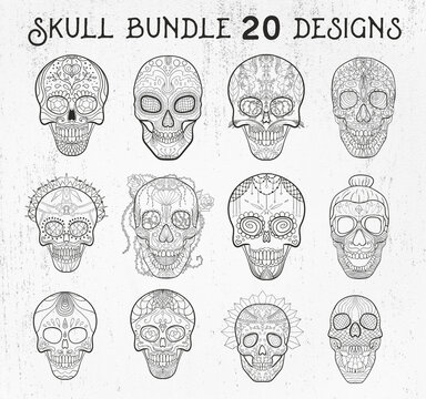 Sugar skull kit SVG, sugar skull 20 designs kit SVG, sugar skull coloring book PDF, mexican skull SVG sugar skull decal SVG file, day of the dead, dios de los muertos