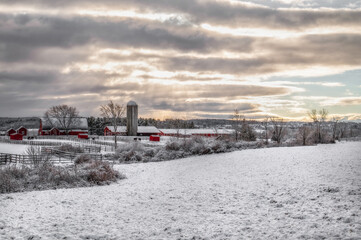 Farm landscape with snow and horses