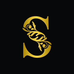 Golden letter S. Gold  flower  letters. Vintage ornament initial Alphabet. Logo vector 
