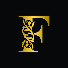 Golden letter F. Gold  flower  letters. Vintage ornament initial Alphabet. Logo vector 
