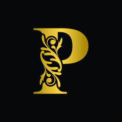 Golden letter P. Gold  flower  letters. Vintage ornament initial Alphabet. Logo vector 
