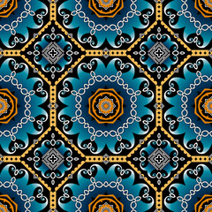 Ornamental colorful seamless pattern. Bright folkloric vector background. Ethnic style repeat backdrop. Abstract floral ornaments with chains, mandalas, octagon, rhombus, flowers, geometric shapes