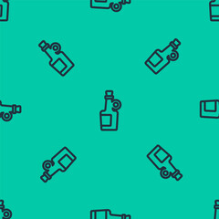 Blue line Alcohol drink Rum bottle icon isolated seamless pattern on green background. Vector