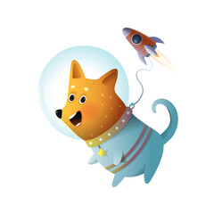 Cosmonaut space dog funny cartoon character for kids. Puppy in outer space with spacecraft wearing cosmonaut suit. Vector clipart isolated on white background. Children cartoon in watercolor style.