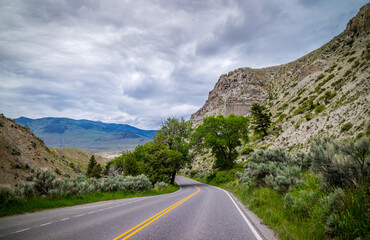 A long way down the road of Yellowstone National Park, Wyoming