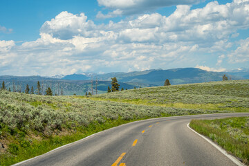 A long way down the road of Yellowstone National Park, Wyoming