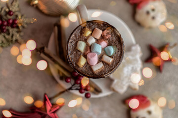 Hot chocolate cocoa with marshmallows in a white mug Christmas concept