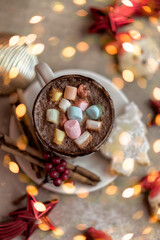 Delicious hot chocolate cocoa with marshmallows in a white mug