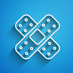 White line Crossed bandage plaster icon isolated on blue background. Medical plaster, adhesive bandage, flexible fabric bandage. Long shadow. Vector