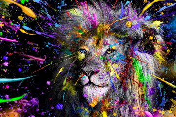 Full colors Lion , wildlife animal ink , modern abstract art - obrazy, fototapety, plakaty