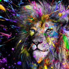 Full colors Lion , wildlife animal ink , modern abstract art