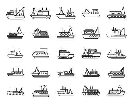 Fishing boat icons set outline vector. Cargo marine