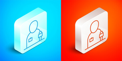 Isometric line Journalist news reporter with microphone icon isolated on blue and red background. Silver square button. Vector