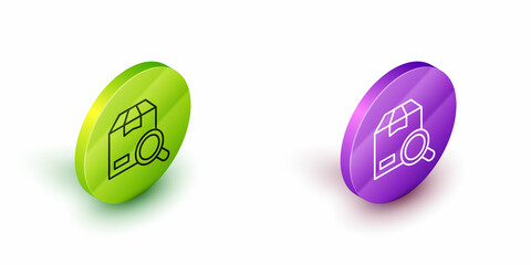 Isometric line Search package icon isolated on white background. Parcel tracking symbol. Magnifying glass and cardboard box. Logistic and delivery. Green and purple circle buttons. Vector