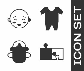 Set Piece of puzzle, Happy little boy head, Baby bottle and Baby clothes icon. Vector