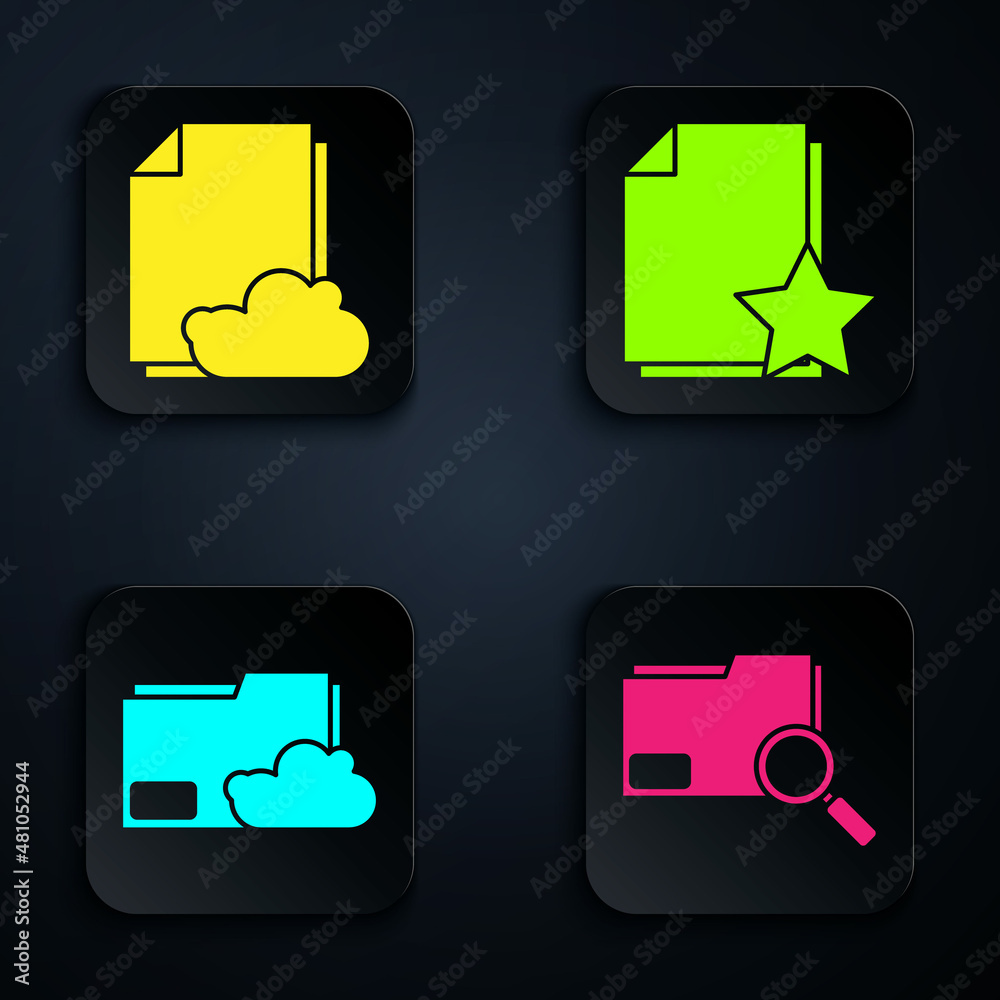 Poster Set Search concept with folder, Cloud storage text document, Cloud storage text document folder and Document with star. Black square button. Vector