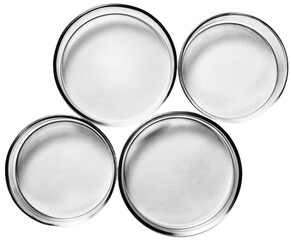 Petri chemistry lab dishes for analyzing. Top view, flat lay.