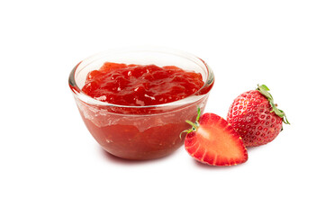 Bowl of strawberries jam with strawberries  on white background.