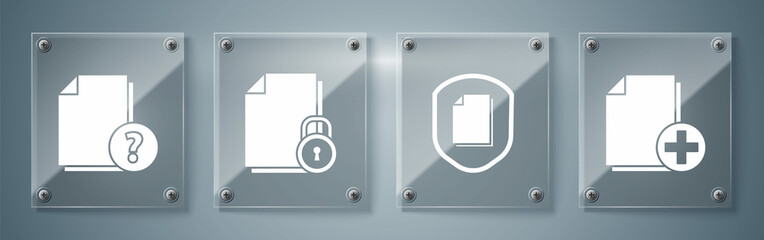 Set Add new file, Document protection concept, Document and lock and Unknown document. Square glass panels. Vector