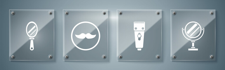 Set Round makeup mirror, Electrical hair clipper or shaver, Mustache and Hand mirror. Square glass panels. Vector