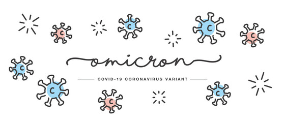 Naklejka na ściany i meble Omicron Covid 19 Coronavirus variant handwritten typography lettering text line design colorful virus draw white isolated background banner