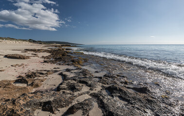 beach shore with rocks in sunny day