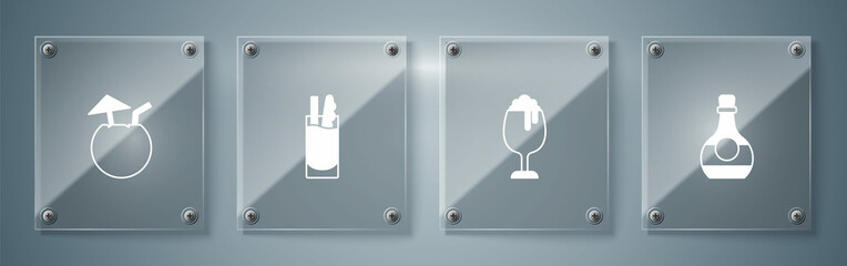 Set Bottle of cognac or brandy, Glass beer, Cocktail Bloody Mary and Coconut cocktail. Square glass panels. Vector