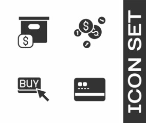 Set Credit card, Carton cardboard box with price, Buy button and Coin money dollar icon. Vector