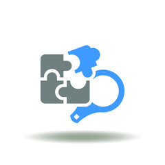 Vector illustration of puzzle pieces with magnifier. Icon of search solutions. Symbol of mediation, facilitation. Brainstorming sign.