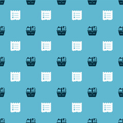Set Shopping basket and food and list on seamless pattern. Vector